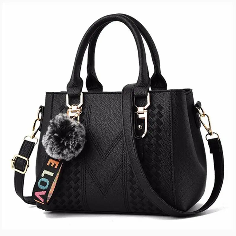 Chic Navy Blue Handbag with Detachable Shoulder Strap and Pom-Pom Charm Bags Women Leather Handbags Bags for Women.