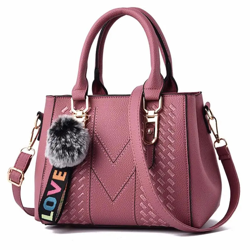 Chic Navy Blue Handbag with Detachable Shoulder Strap and Pom-Pom Charm Bags Women Leather Handbags Bags for Women.
