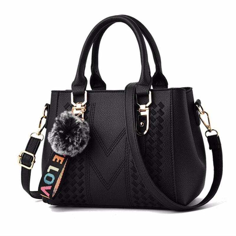 Chic Navy Blue Handbag with Detachable Shoulder Strap and Pom-Pom Charm Bags Women Leather Handbags Bags for Women.
