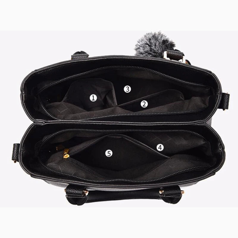 Chic Navy Blue Handbag with Detachable Shoulder Strap and Pom-Pom Charm Bags Women Leather Handbags Bags for Women.