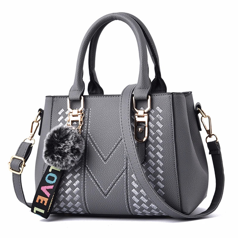 Chic Navy Blue Handbag with Detachable Shoulder Strap and Pom-Pom Charm Bags Women Leather Handbags Bags for Women.