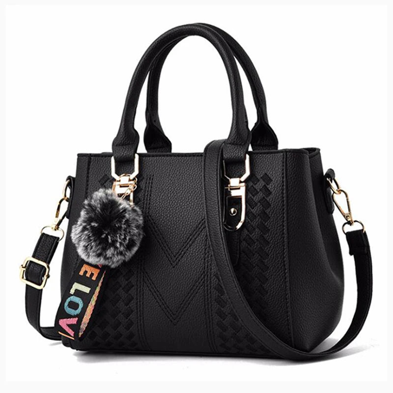Chic Navy Blue Handbag with Detachable Shoulder Strap and Pom-Pom Charm Bags Women Leather Handbags Bags for Women.