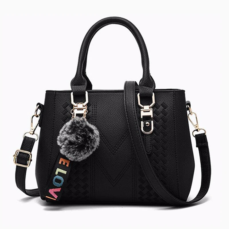 Chic Navy Blue Handbag with Detachable Shoulder Strap and Pom-Pom Charm Bags Women Leather Handbags Bags for Women.