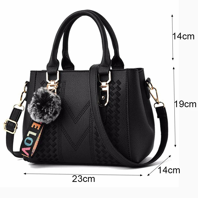 Chic Navy Blue Handbag with Detachable Shoulder Strap and Pom-Pom Charm Bags Women Leather Handbags Bags for Women.