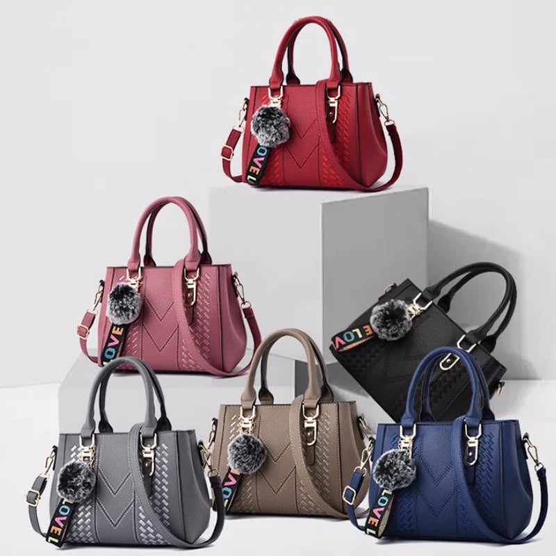 Chic Navy Blue Handbag with Detachable Shoulder Strap and Pom-Pom Charm Bags Women Leather Handbags Bags for Women.