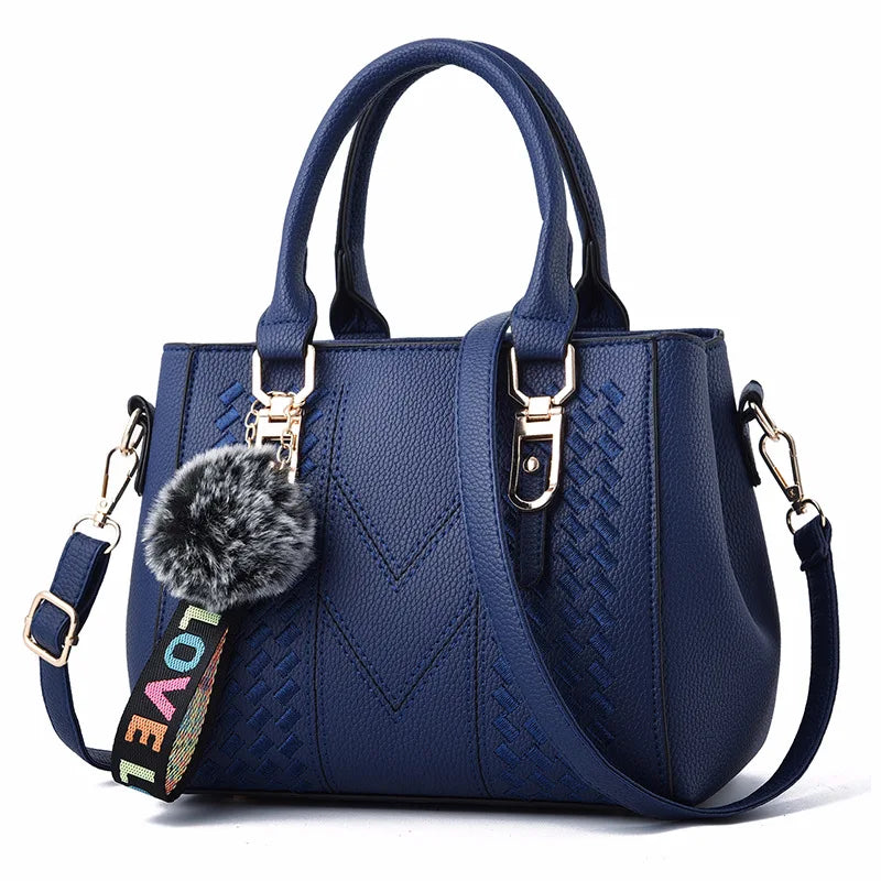 Chic Navy Blue Handbag with Detachable Shoulder Strap and Pom-Pom Charm Bags Women Leather Handbags Bags for Women.