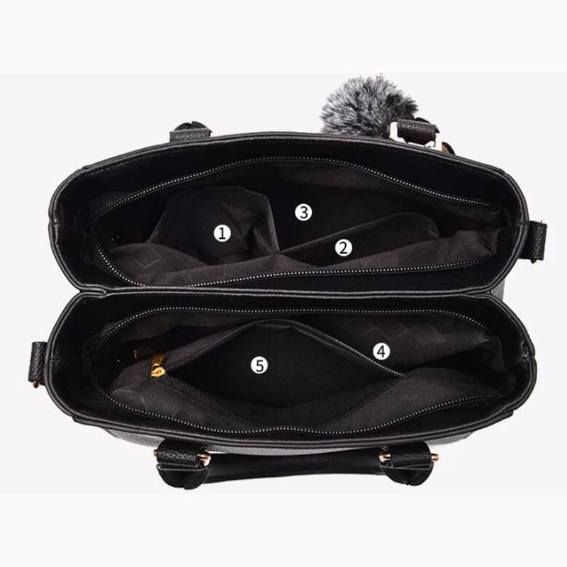 Chic Navy Blue Handbag with Detachable Shoulder Strap and Pom-Pom Charm Bags Women Leather Handbags Bags for Women.