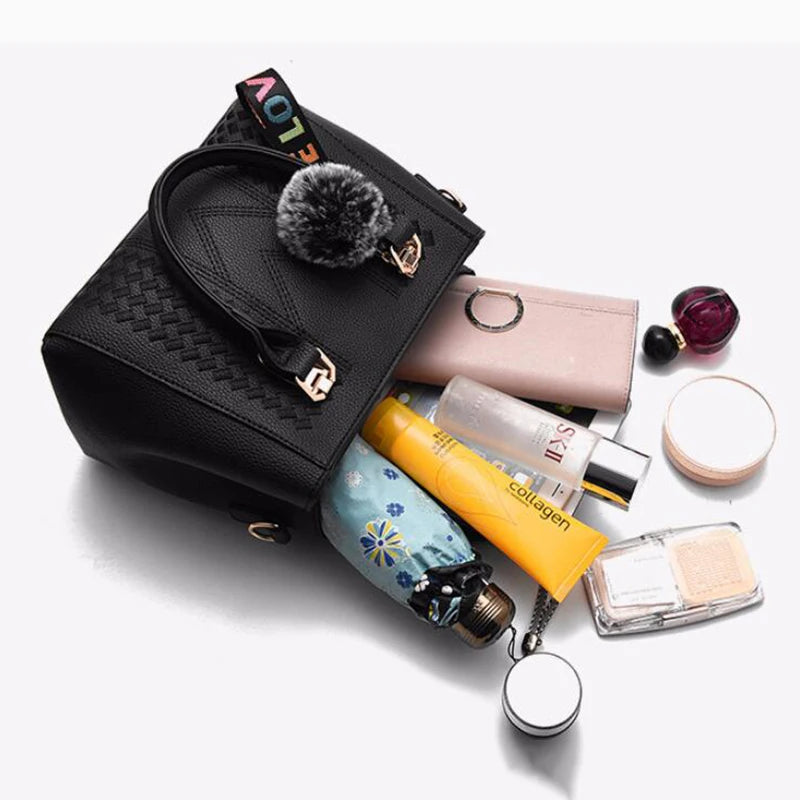 Chic Navy Blue Handbag with Detachable Shoulder Strap and Pom-Pom Charm Bags Women Leather Handbags Bags for Women.