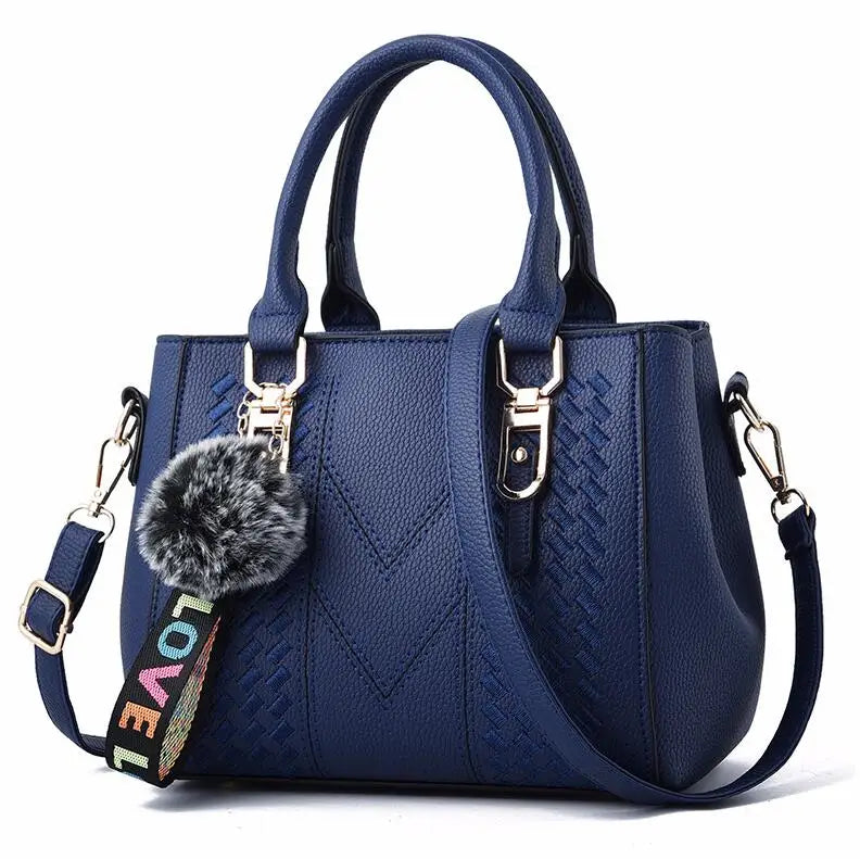 Chic Navy Blue Handbag with Detachable Shoulder Strap and Pom-Pom Charm Bags Women Leather Handbags Bags for Women.