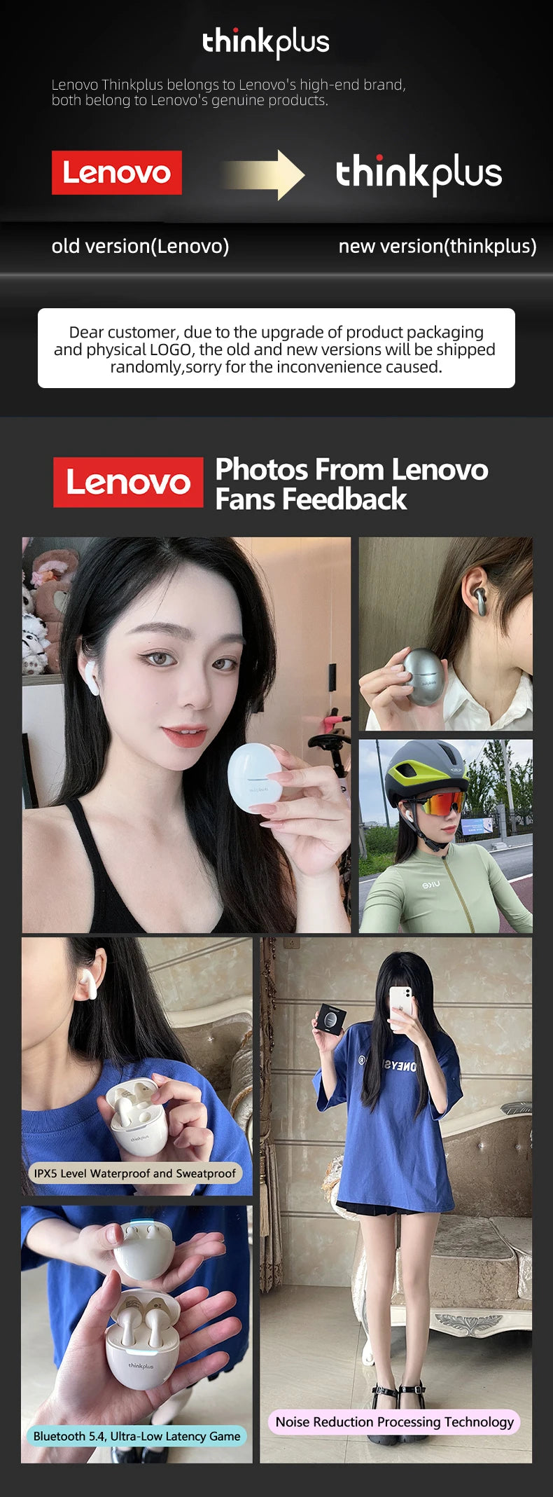 Lenovo Earphones Wireless Bluetooth Business Headset Noise Reduction Sport Earbuds Low Latency Gaming Headphones Long Endurance