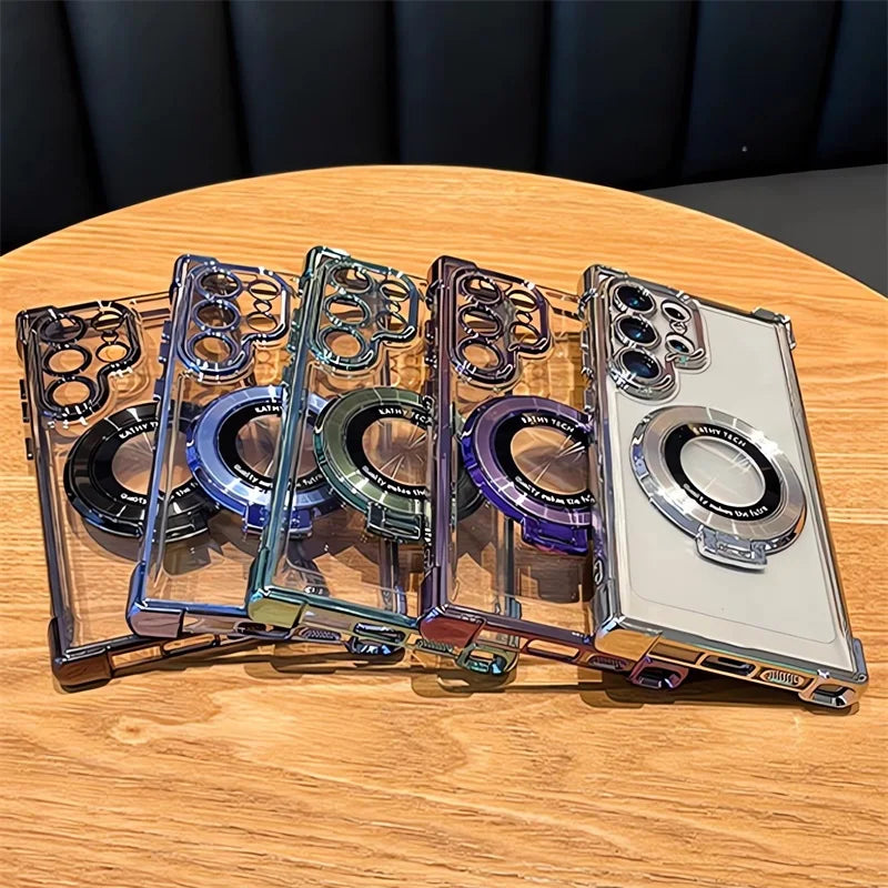 Luxury Magnetic Plating Stand Shockproof Clear Case For Samsung Galaxy S25 S24 Ultra S23 S22 S21 Plus Note20 Acrylic Back Cover