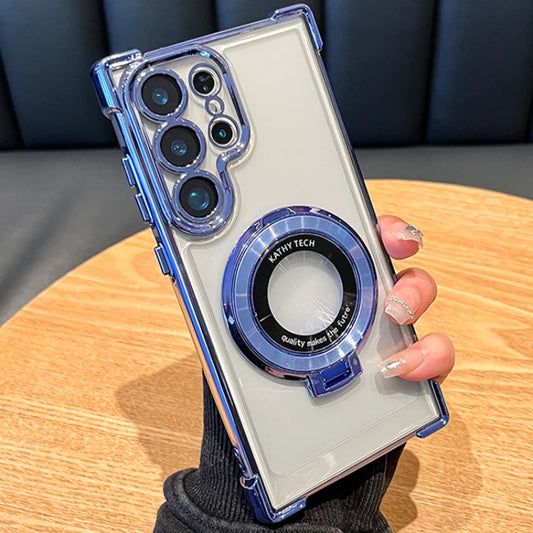 Luxury Magnetic Plating Stand Shockproof Clear Case For Samsung Galaxy S25 S24 Ultra S23 S22 S21 Plus Note20 Acrylic Back Cover