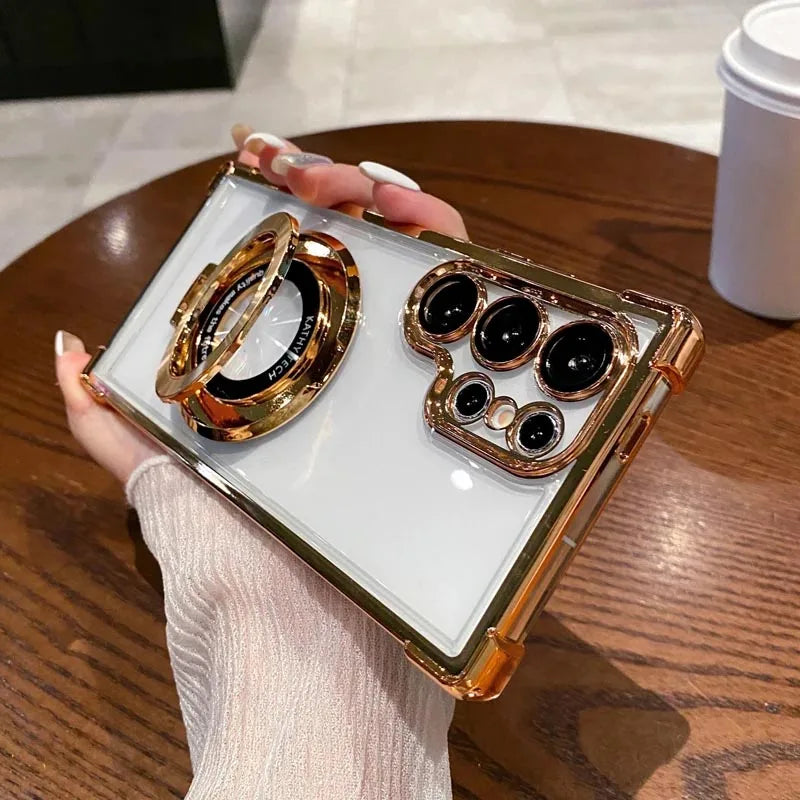 Luxury Magnetic Plating Stand Shockproof Clear Case For Samsung Galaxy S25 S24 Ultra S23 S22 S21 Plus Note20 Acrylic Back Cover