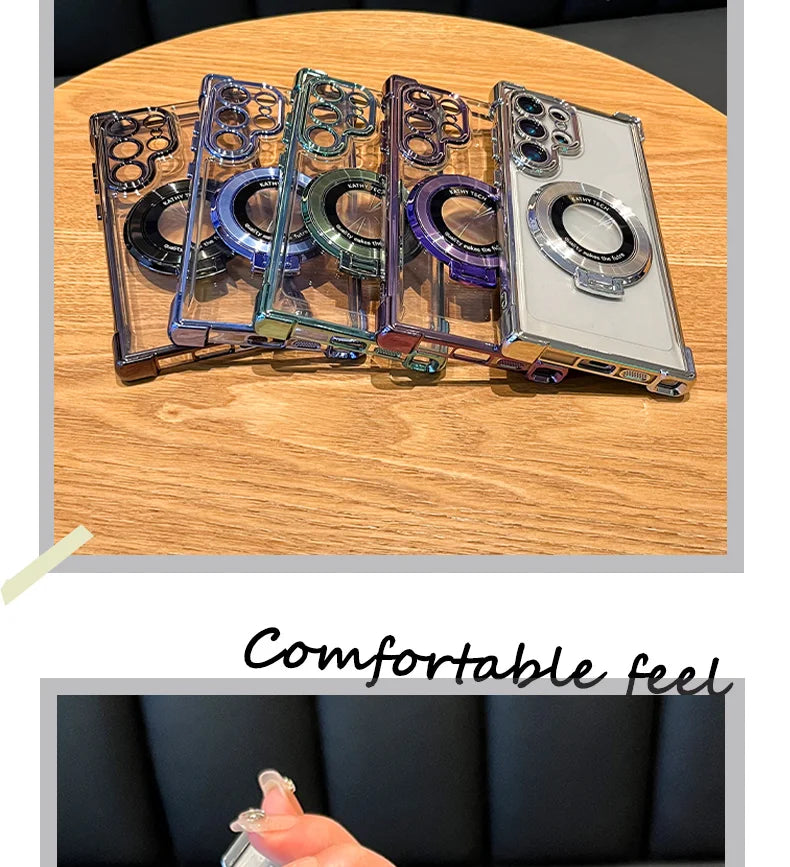 Luxury Magnetic Plating Stand Shockproof Clear Case For Samsung Galaxy S25 S24 Ultra S23 S22 S21 Plus Note20 Acrylic Back Cover