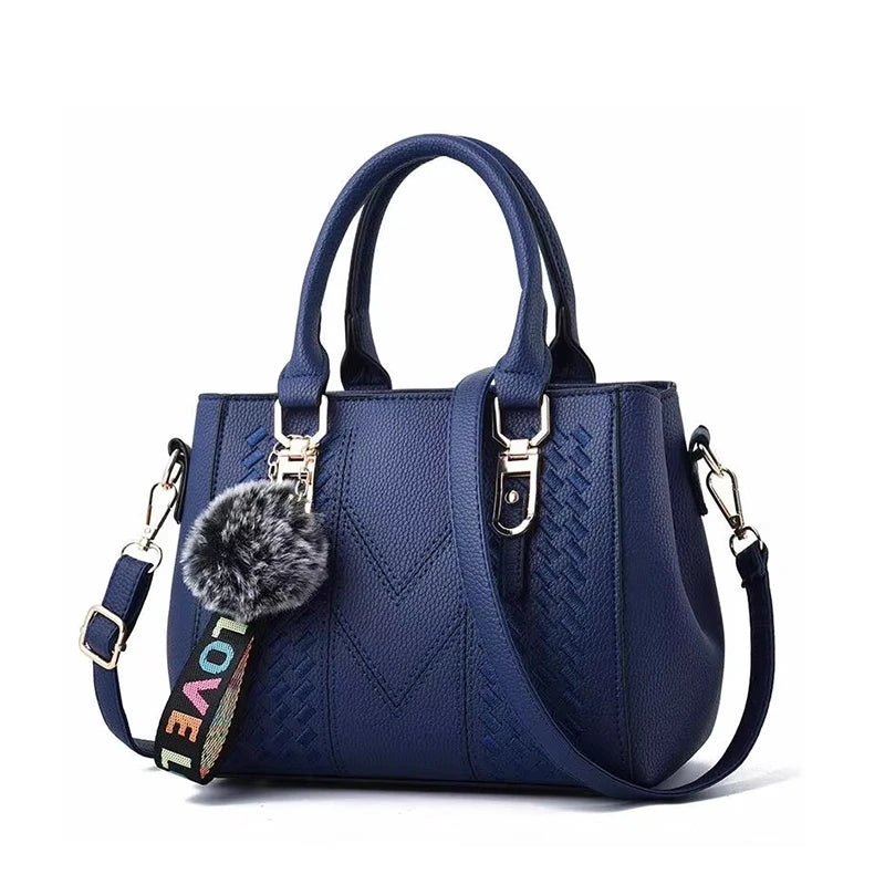 Chic Navy Blue Handbag with Detachable Shoulder Strap and Pom-Pom Charm Bags Women Leather Handbags Bags for Women.