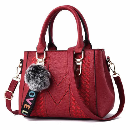 Chic Navy Blue Handbag with Detachable Shoulder Strap and Pom-Pom Charm Bags Women Leather Handbags Bags for Women.