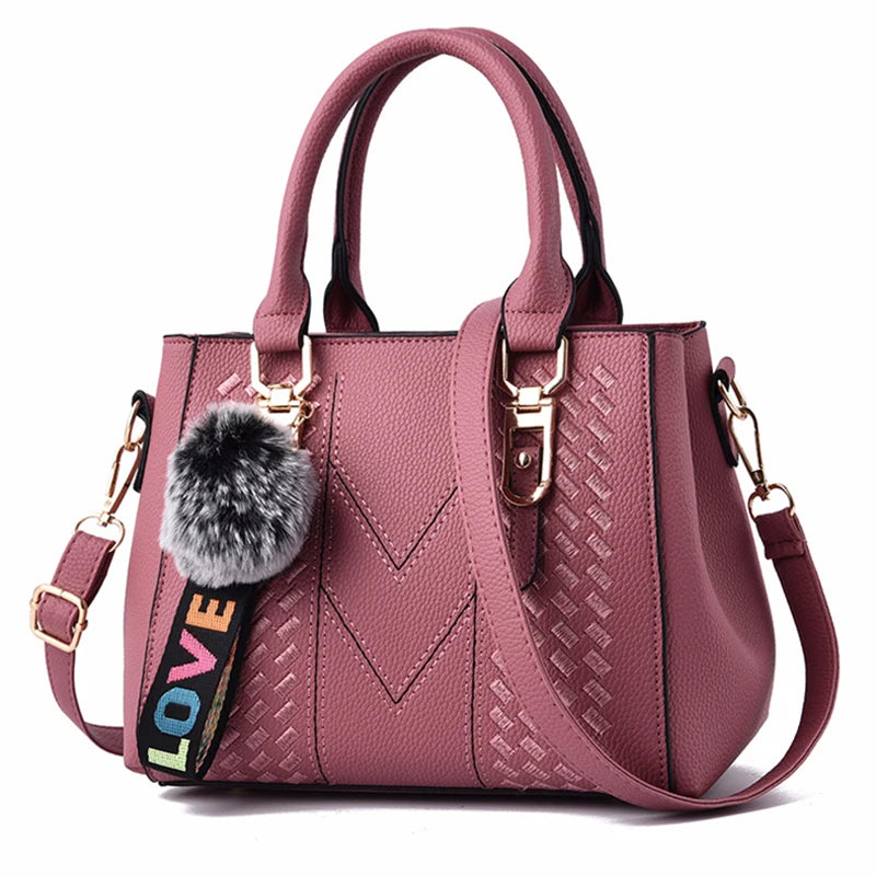 Chic Navy Blue Handbag with Detachable Shoulder Strap and Pom-Pom Charm Bags Women Leather Handbags Bags for Women.