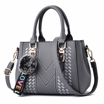Chic Navy Blue Handbag with Detachable Shoulder Strap and Pom-Pom Charm Bags Women Leather Handbags Bags for Women.
