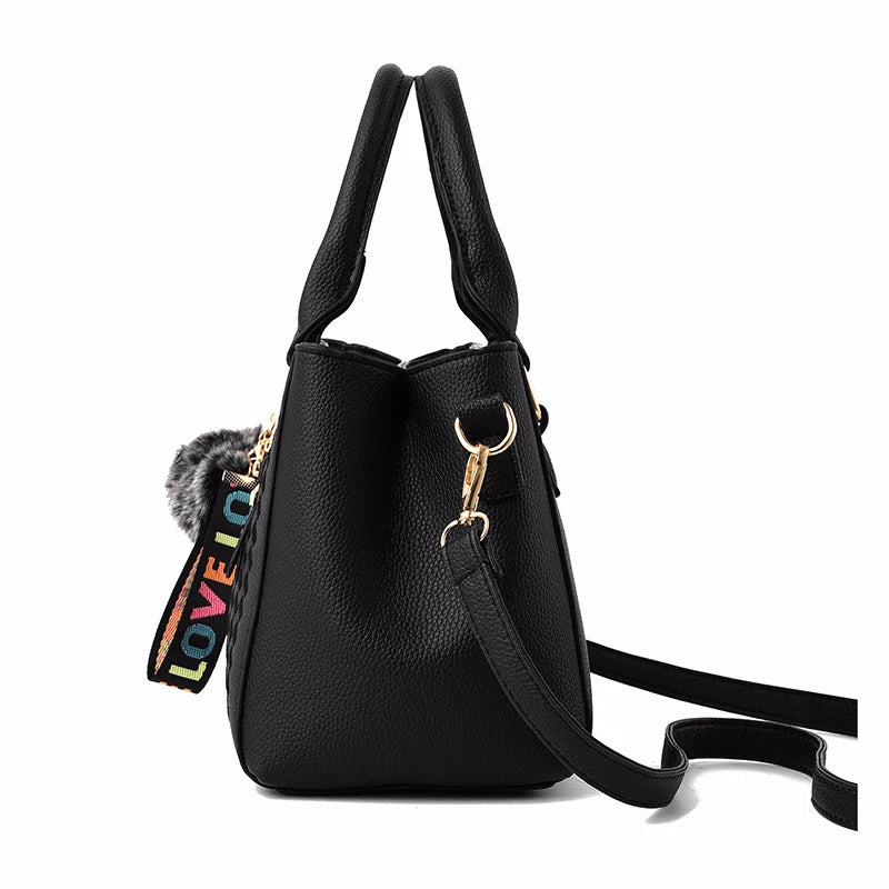 Chic Navy Blue Handbag with Detachable Shoulder Strap and Pom-Pom Charm Bags Women Leather Handbags Bags for Women.