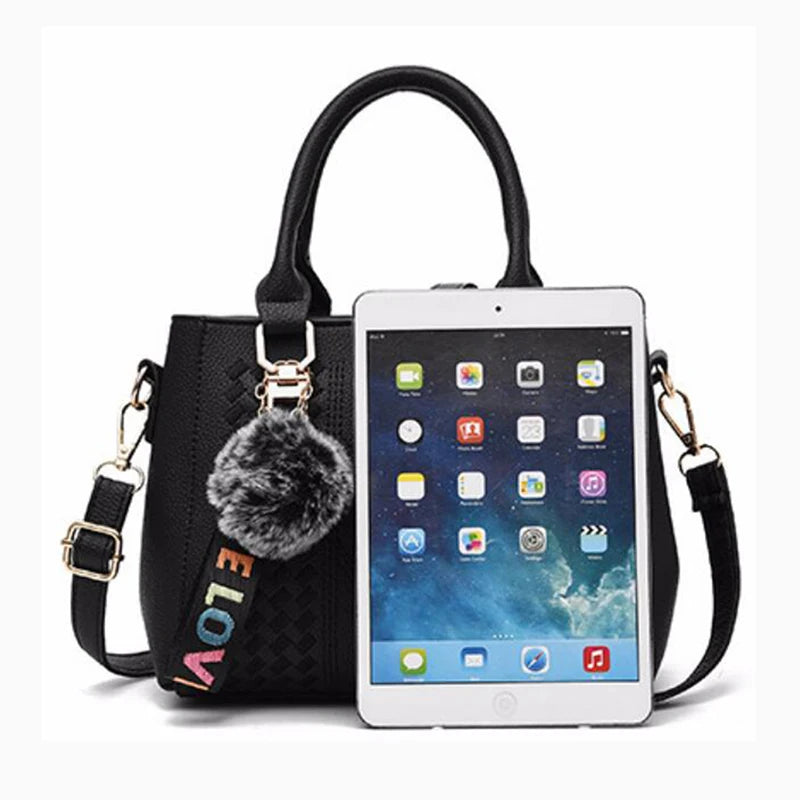 Chic Navy Blue Handbag with Detachable Shoulder Strap and Pom-Pom Charm Bags Women Leather Handbags Bags for Women.