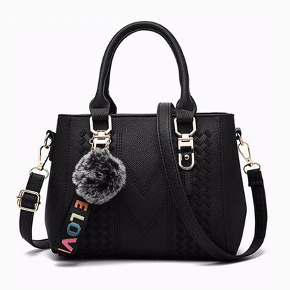 Chic Navy Blue Handbag with Detachable Shoulder Strap and Pom-Pom Charm Bags Women Leather Handbags Bags for Women.