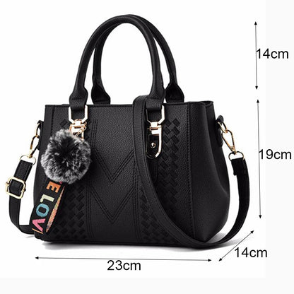 Chic Navy Blue Handbag with Detachable Shoulder Strap and Pom-Pom Charm Bags Women Leather Handbags Bags for Women.