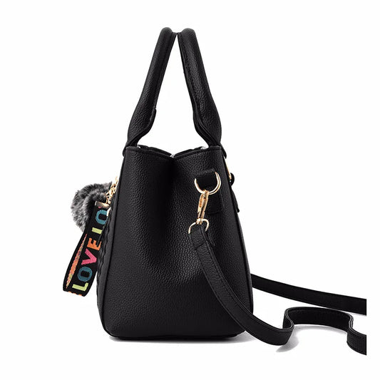 Chic Navy Blue Handbag with Detachable Shoulder Strap and Pom-Pom Charm Bags Women Leather Handbags Bags for Women.