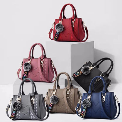 Chic Navy Blue Handbag with Detachable Shoulder Strap and Pom-Pom Charm Bags Women Leather Handbags Bags for Women.