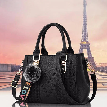 Chic Navy Blue Handbag with Detachable Shoulder Strap and Pom-Pom Charm Bags Women Leather Handbags Bags for Women.
