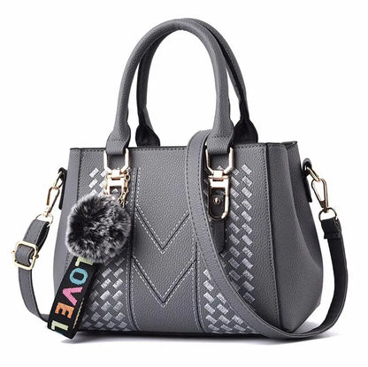 Chic Navy Blue Handbag with Detachable Shoulder Strap and Pom-Pom Charm Bags Women Leather Handbags Bags for Women.