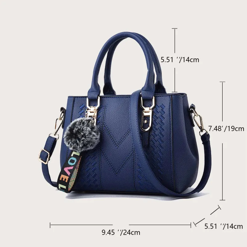 Chic Navy Blue Handbag with Detachable Shoulder Strap and Pom-Pom Charm Bags Women Leather Handbags Bags for Women.