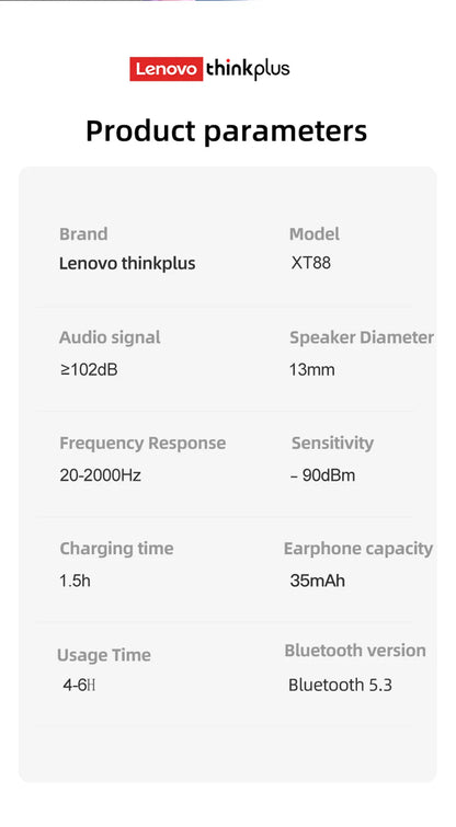 Original Lenovo XT88 TWS Wireless Earphones Bluetooth 5.3 Dual MIC Stereo Noise Reduction Bass HIFI Touch Control Earbuds