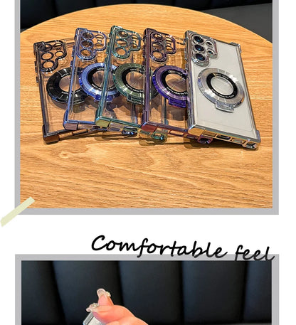 Luxury Magnetic Plating Stand Shockproof Clear Case For Samsung Galaxy S25 S24 Ultra S23 S22 S21 Plus Note20  Acrylic Back Cover