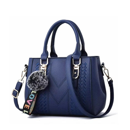Chic Navy Blue Handbag with Detachable Shoulder Strap and Pom-Pom Charm Bags Women Leather Handbags Bags for Women.